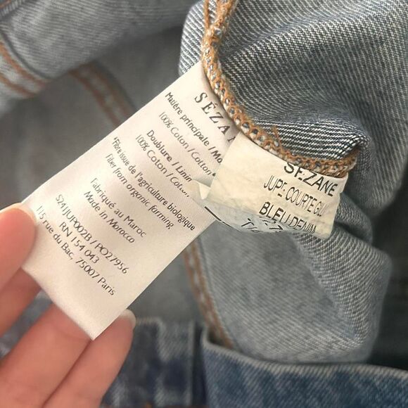 Sézane denim gillie straight cut denim jean tie waist mini skirt xl - Picture 6 of 7